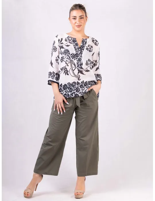 Black and white linen muslin caftan shirt for ladies | Italian Clothing