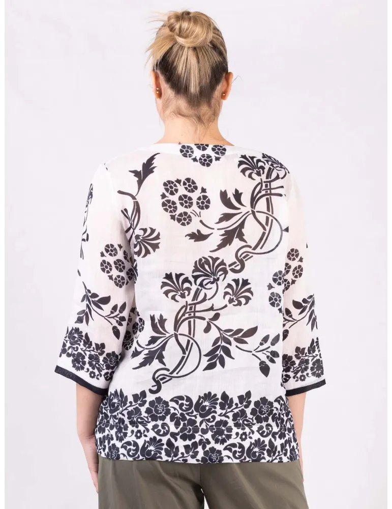 Black and white printed linen muslin caftan shirt