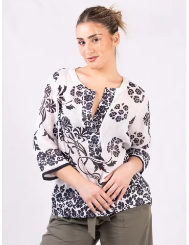 Black and white printed linen muslin caftan shirt