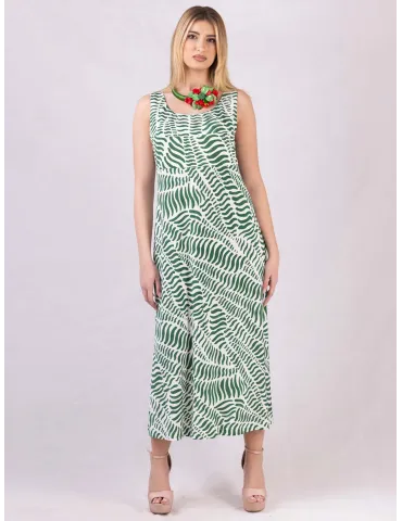 White and green viscose A-line long sun dress 2