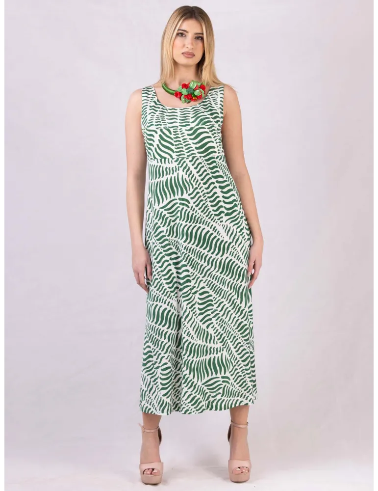 White and green viscose A-line long sun dress