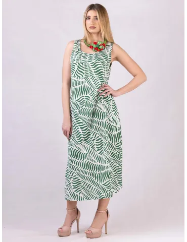 White and green viscose A-line long sun dress
