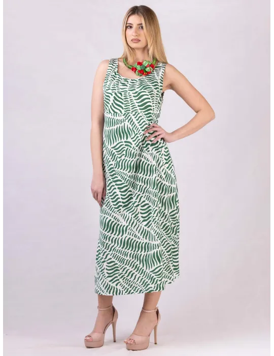 White and green viscose A-line long sun dress White and green viscose A-line long sun dress