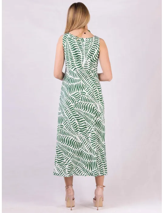 White and green viscose A-line long sun dress