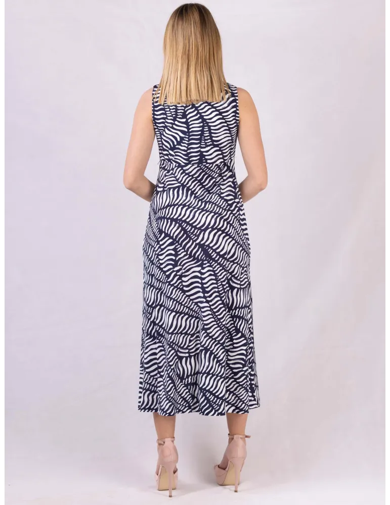 White and blue viscose trapeze style long sun dress