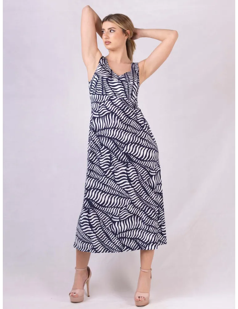 White and blue viscose trapeze style long sun dress