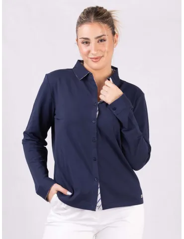 Dark blue piquè cotton shirt for ladies | Italian Natural Clothing 2