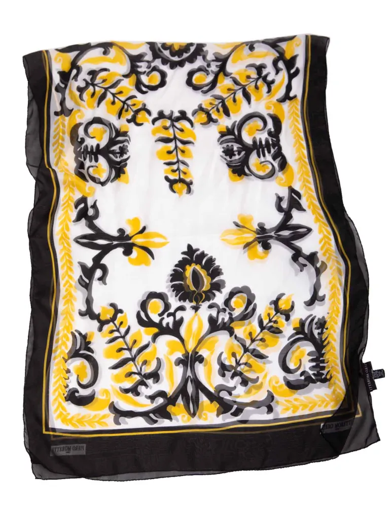 Piero Moretti black white yellow printed silk scarf Piero Moretti black white yellow printed silk scarf