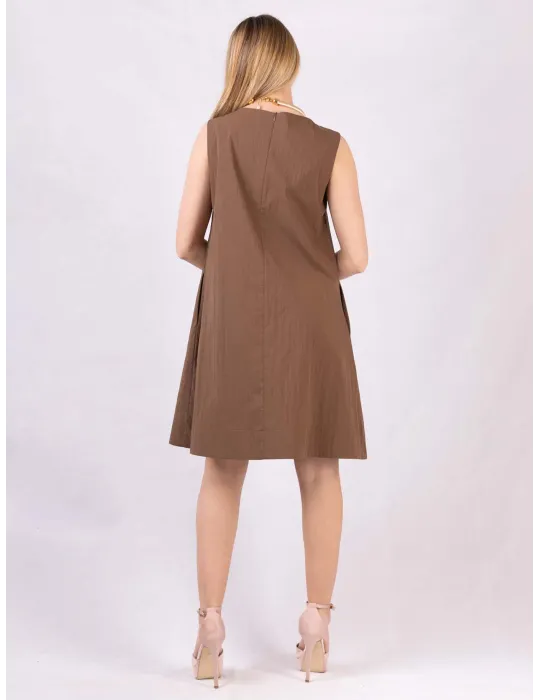 Brown A-line cotton sundress with front pleat | Plus size summer dress