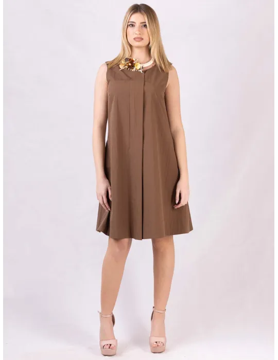 Brown A-line cotton sundress with front pleat | Plus size summer dress