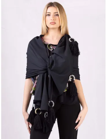 Black maxi tippet cape scarf with fringes and rhinestones