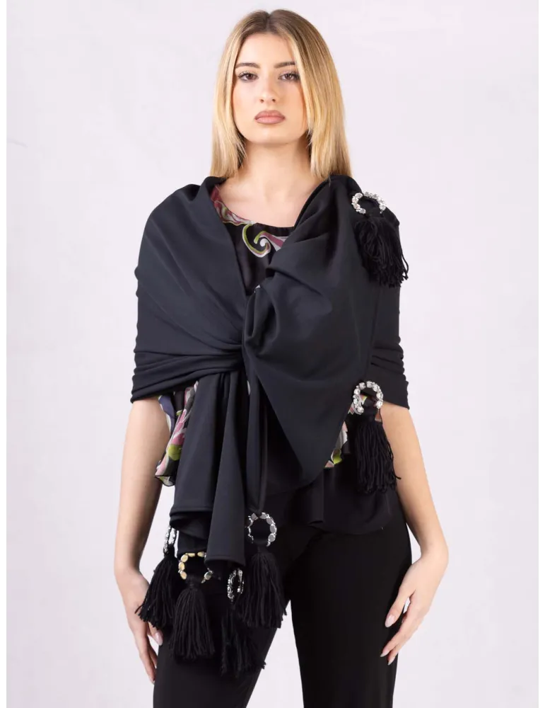 Black maxi tippet cape scarf with fringes and rhinestones Black maxi tippet cape scarf with fringes and rhinestones