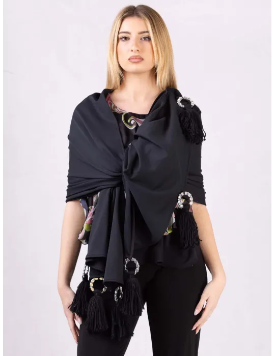 Shop online Black maxi tippet cape scarf with fringes and rhinestones Shop online Black maxi tippet cape scarf with fringes and rhinestones