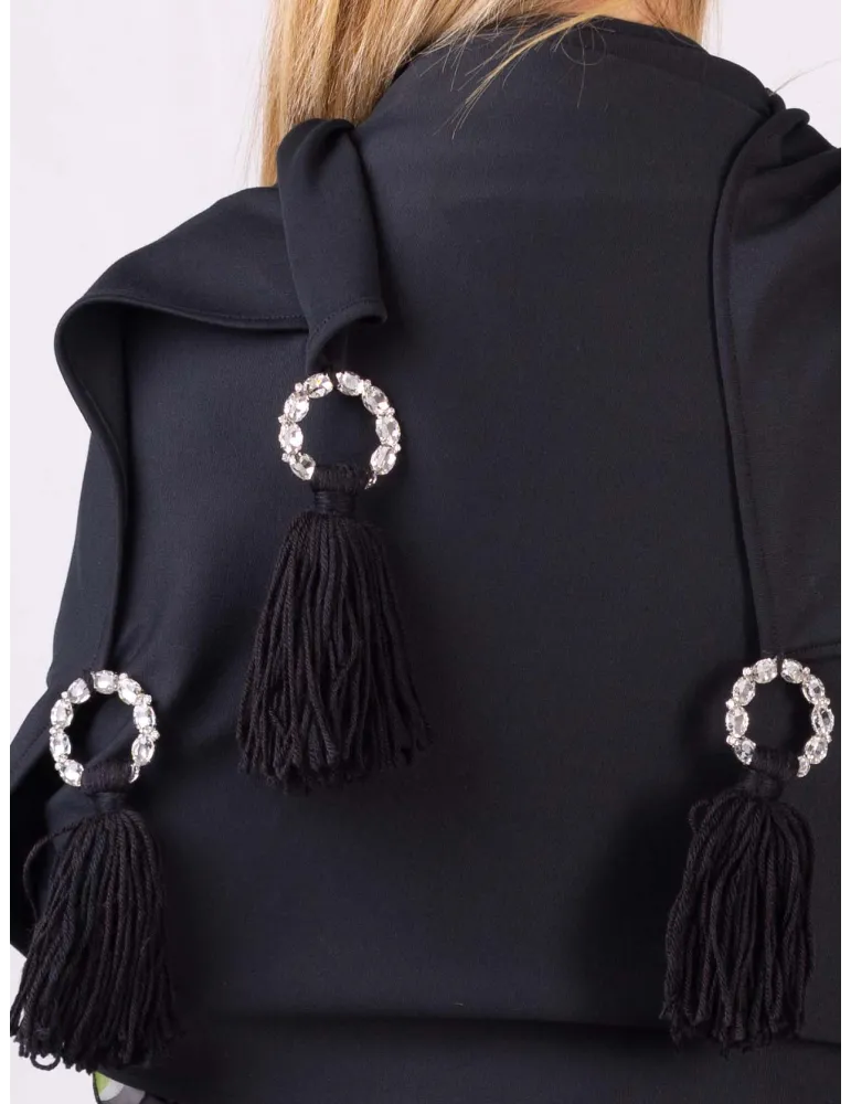 Black maxi tippet cape scarf with fringes and rhinestones
