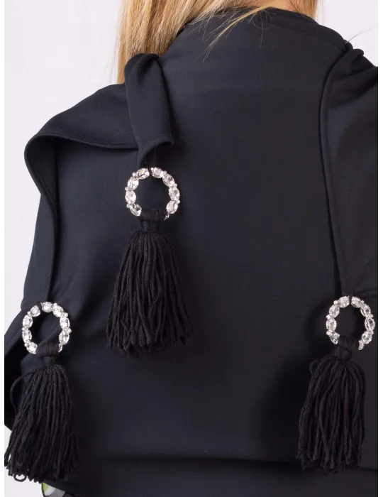 Shop online Black maxi tippet cape scarf with fringes and rhinestones
