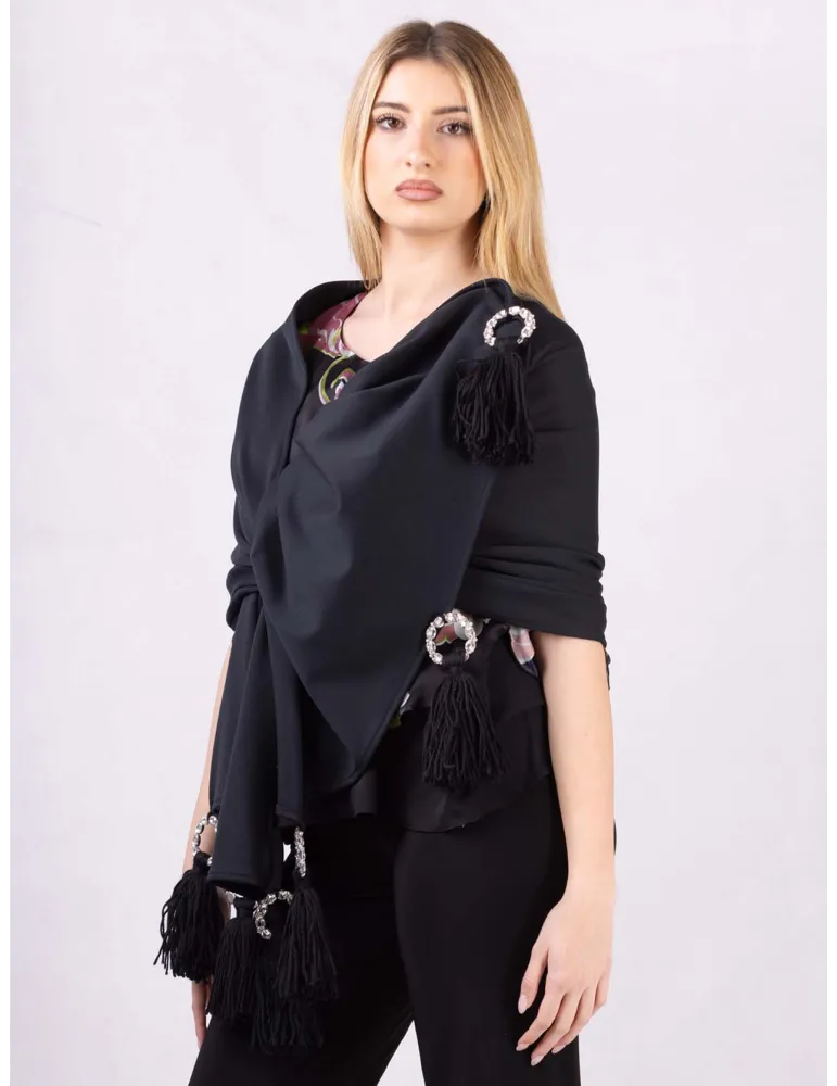 Shop online Black maxi tippet cape scarf with fringes and rhinestones