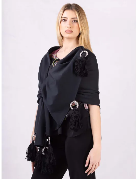 Shop online Black maxi tippet cape scarf with fringes and rhinestones