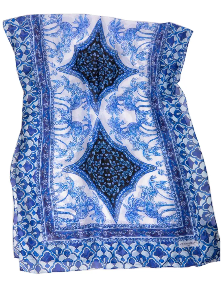 White and blue pure silk Arabic miniatures printed scarf White and blue pure silk Arabic miniatures printed scarf