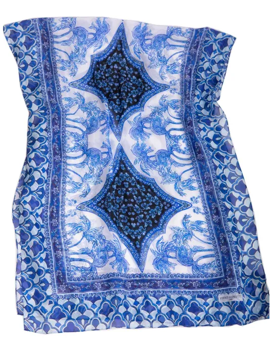 White and blue pure silk Arabic miniatures printed scarf White and blue pure silk Arabic miniatures printed scarf