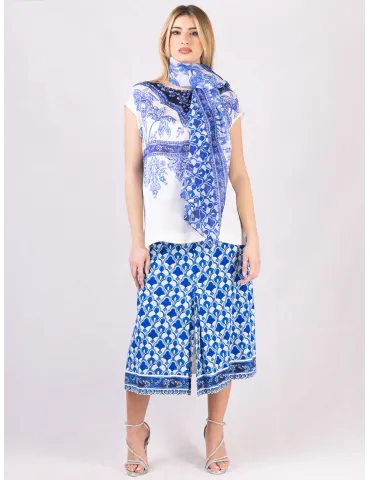 White and blue pure silk Arabic miniatures printed scarf 2