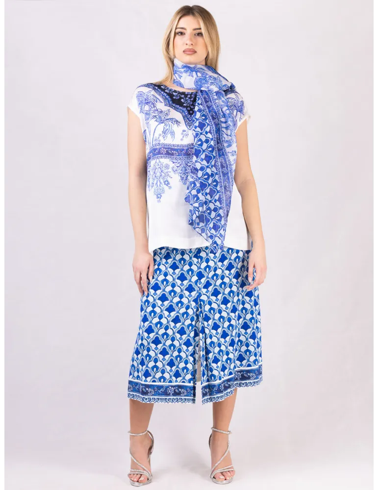 White and blue pure silk Arabic miniatures printed scarf