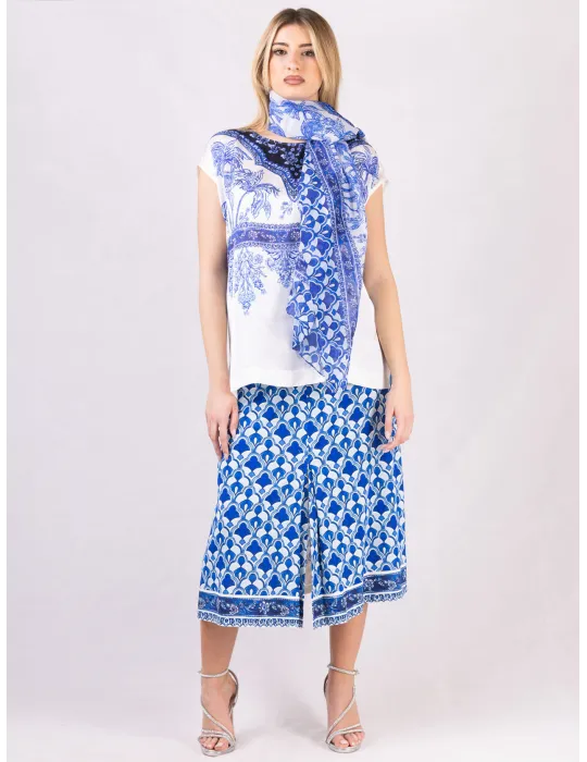 White and blue pure silk Arabic miniatures printed scarf