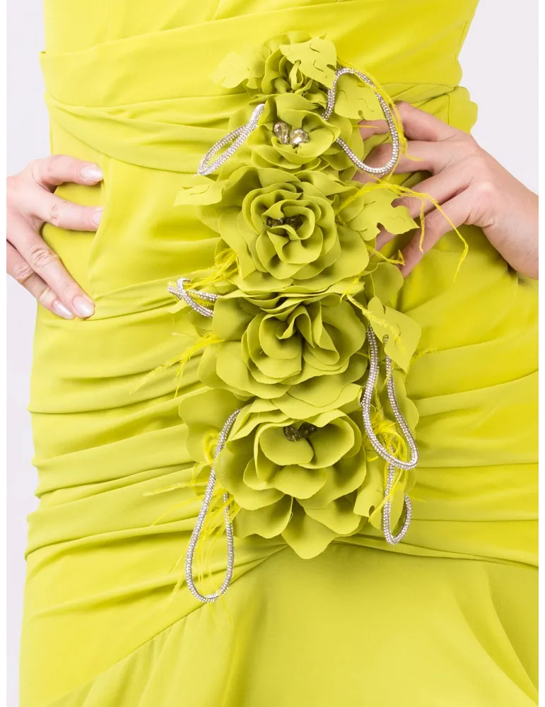 Lime green Draped Mermaid Gown Train and Jewel Brooch
