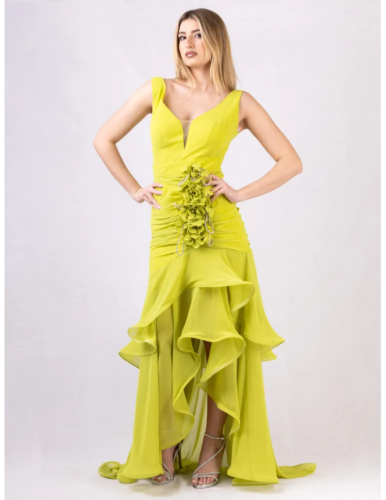 Lime green Draped Mermaid Gown Train and Jewel Brooch