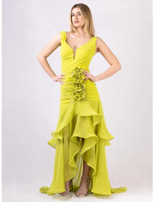 Sonia Pena 12501024 | Enchanting Lime Green Gown with Train and Stole