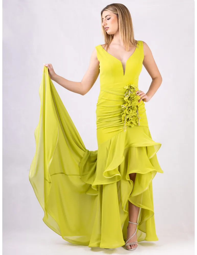 Lime green Draped Mermaid Gown Train and Jewel Brooch Lime green Draped Mermaid Gown Train and Jewel Brooch