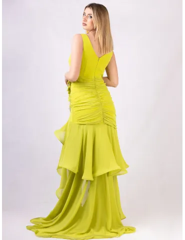 Lime green Draped Mermaid Gown Train and Jewel Brooch 2