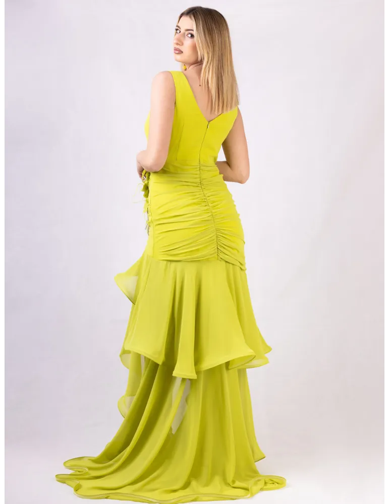 Lime green Draped Mermaid Gown Train and Jewel Brooch