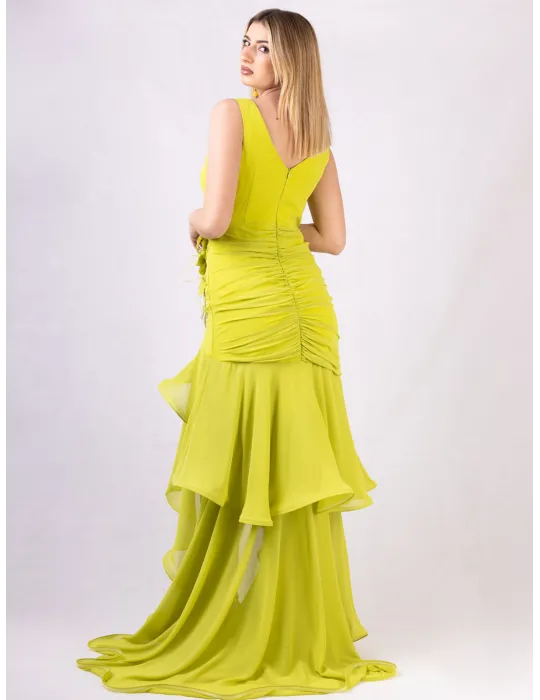 Sonia Pena 12501024 | Enchanting Lime Green Gown with Train and Stole