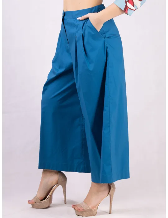 Zanetti petrol blue cotton large ankle length trousers