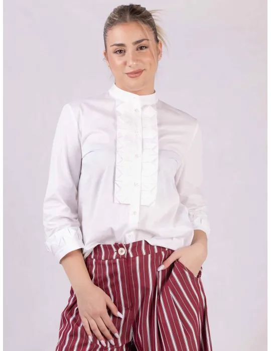 Camicia bianca di cotone con origami al collo e polsi | Zanetti