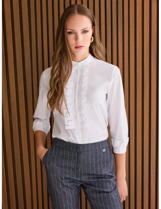 Camicia bianca di cotone con origami al collo e polsi | Zanetti Camicia bianca di cotone con origami al collo e polsi | Zanetti