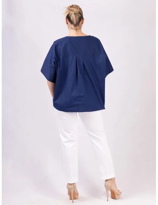 Camicia kimono oversize di cotone blu con ricami fiori | Zanetti