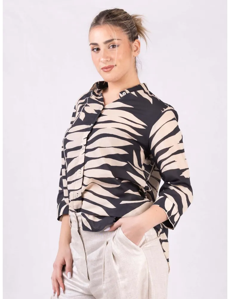 Black and beige ethnic print cotton muslin shirt by Zanetti