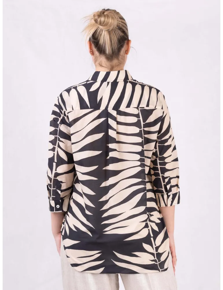 Black and beige ethnic print cotton muslin shirt by Zanetti