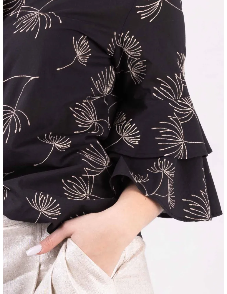 Black cotton shirt with ruffled sleeves and embroideries