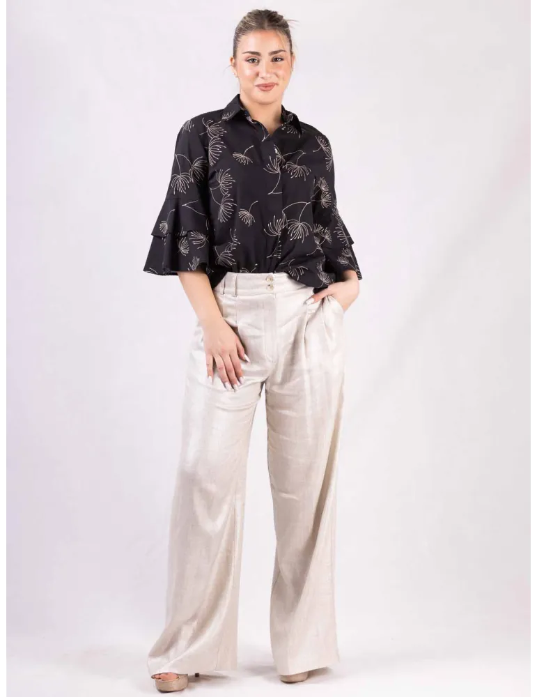 Camicia nera di cotone con ricami beige Zanetti fino alla taglia 52