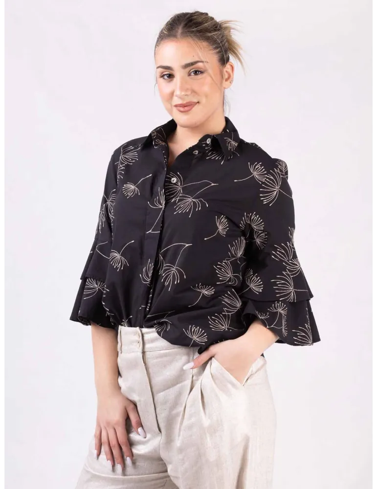 Black cotton shirt with ruffled sleeves and embroideries Black cotton shirt with ruffled sleeves and embroideries