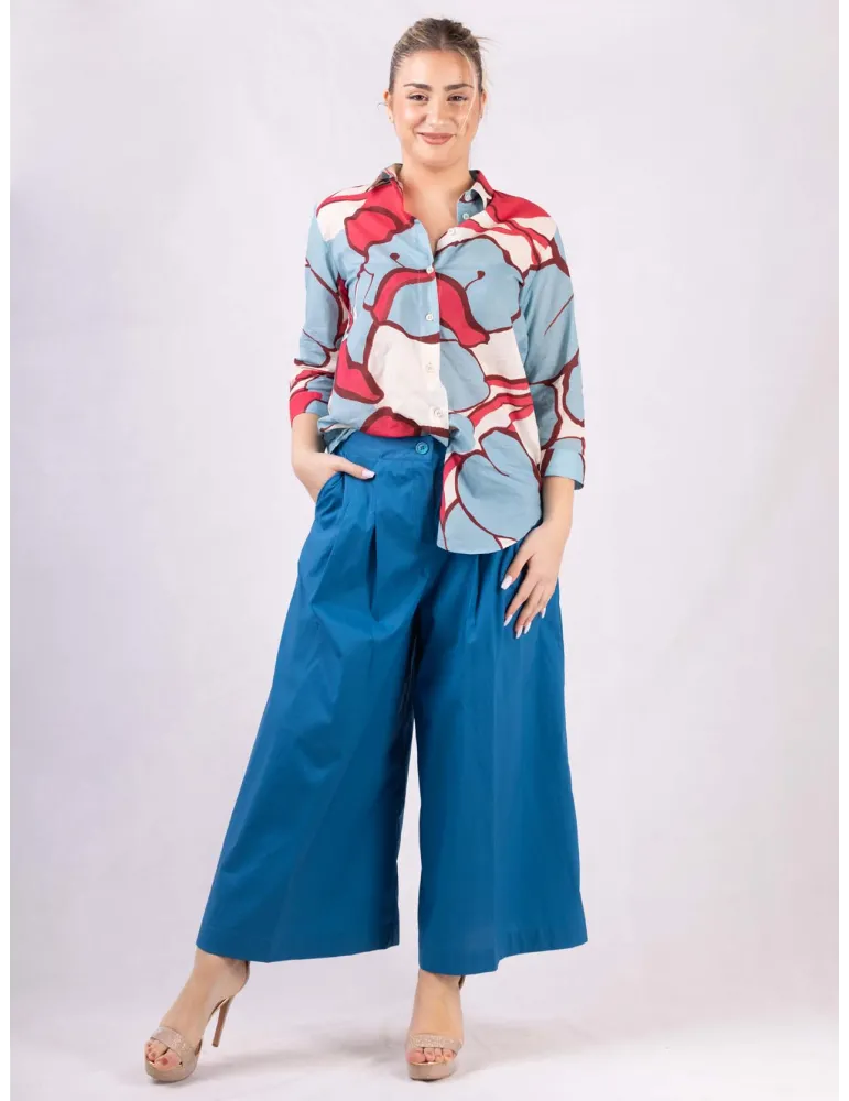 Light blue and red print cotton muslin long shirt by Zanetti