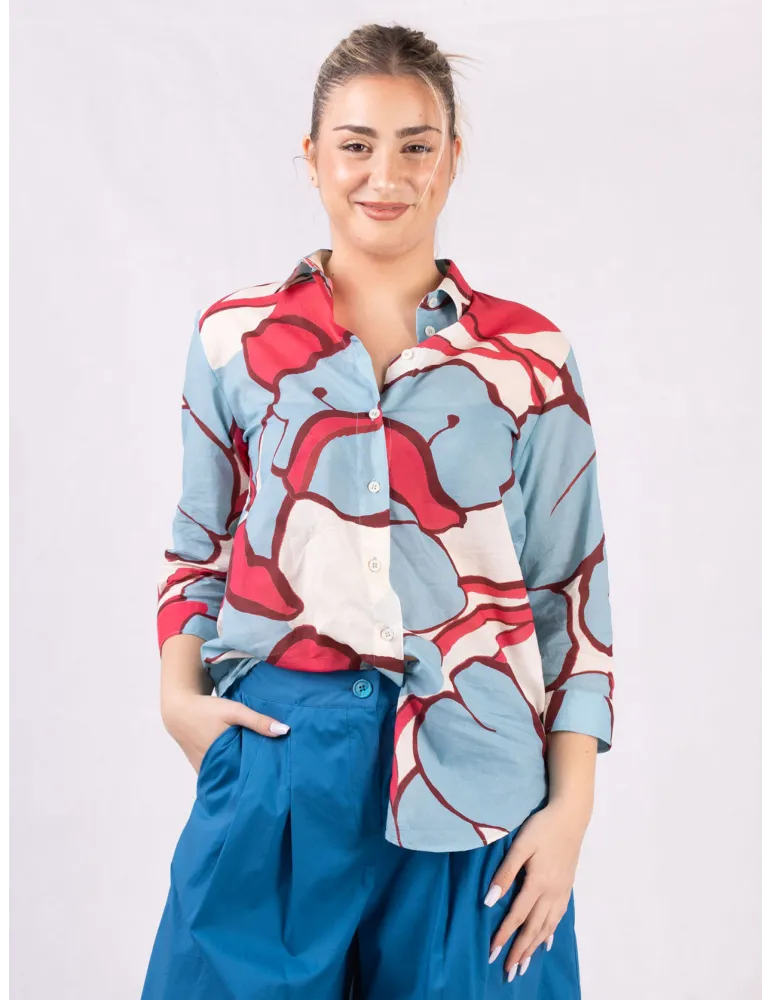 Light blue and red print cotton muslin long shirt by Zanetti Light blue and red print cotton muslin long shirt by Zanetti