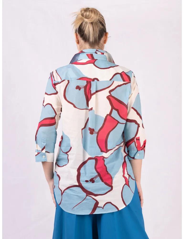 Light blue and red print cotton muslin long shirt by Zanetti