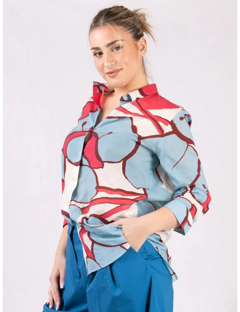 Light blue and red print cotton muslin long shirt by Zanetti