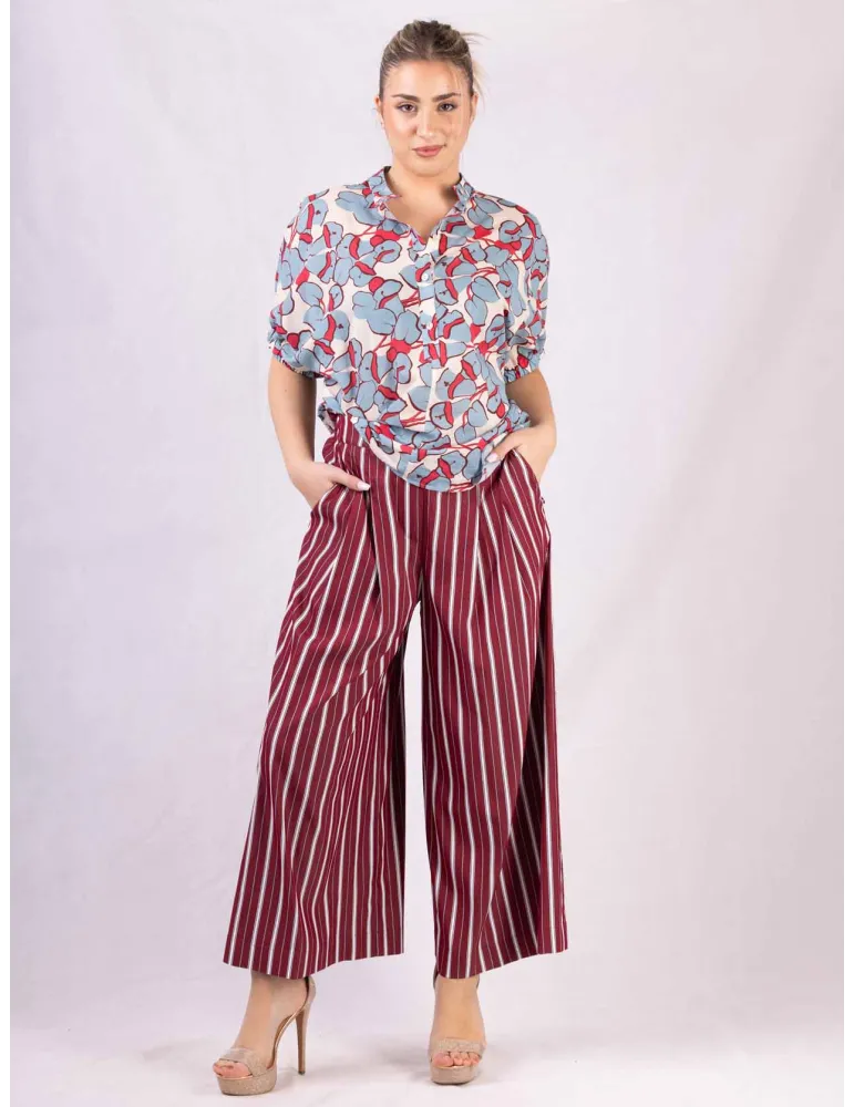 Zanetti Italy bordeaux striped cotton large ankle length trousers