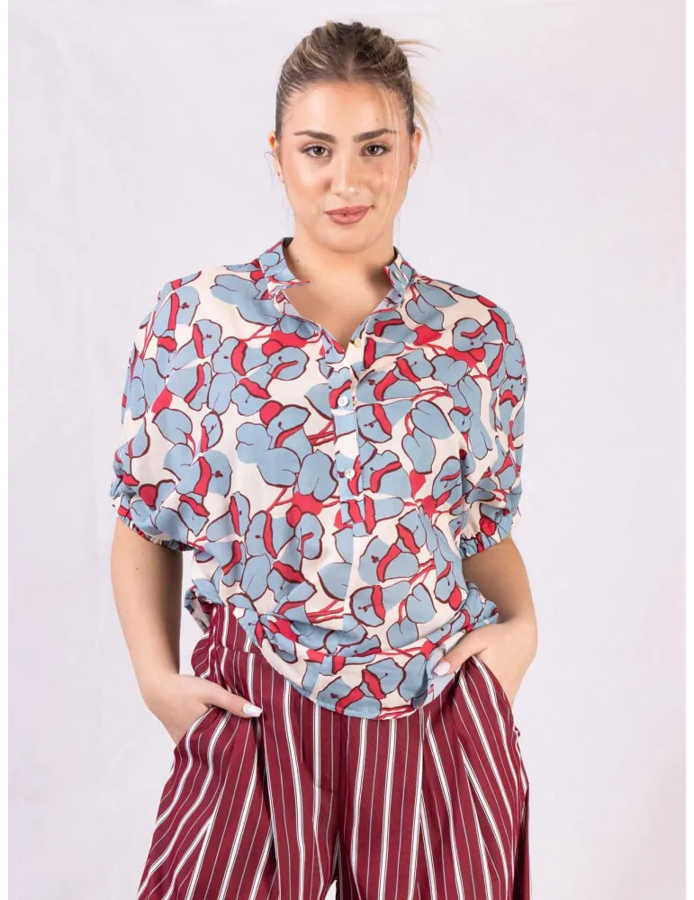 Light blue and red cotton muslin printed kimono shirt