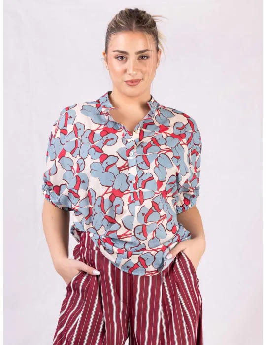 Light blue and red cotton muslin printed kimono shirt