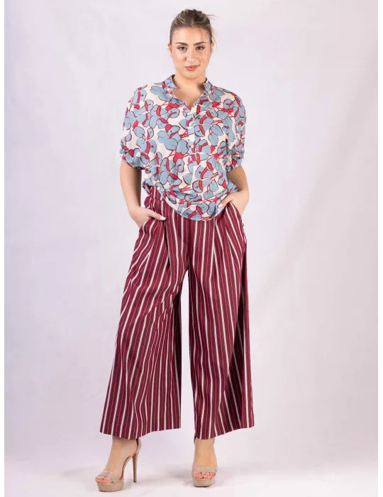 Light blue and red cotton muslin printed kimono shirt